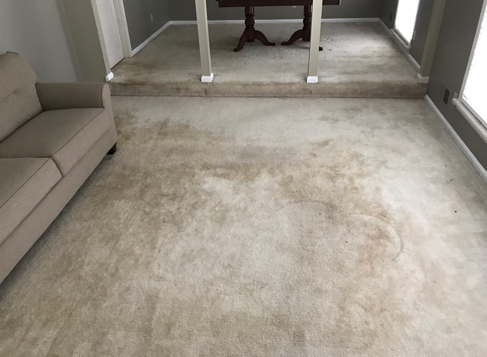 A living room carpet with dark traffic stains before cleaning